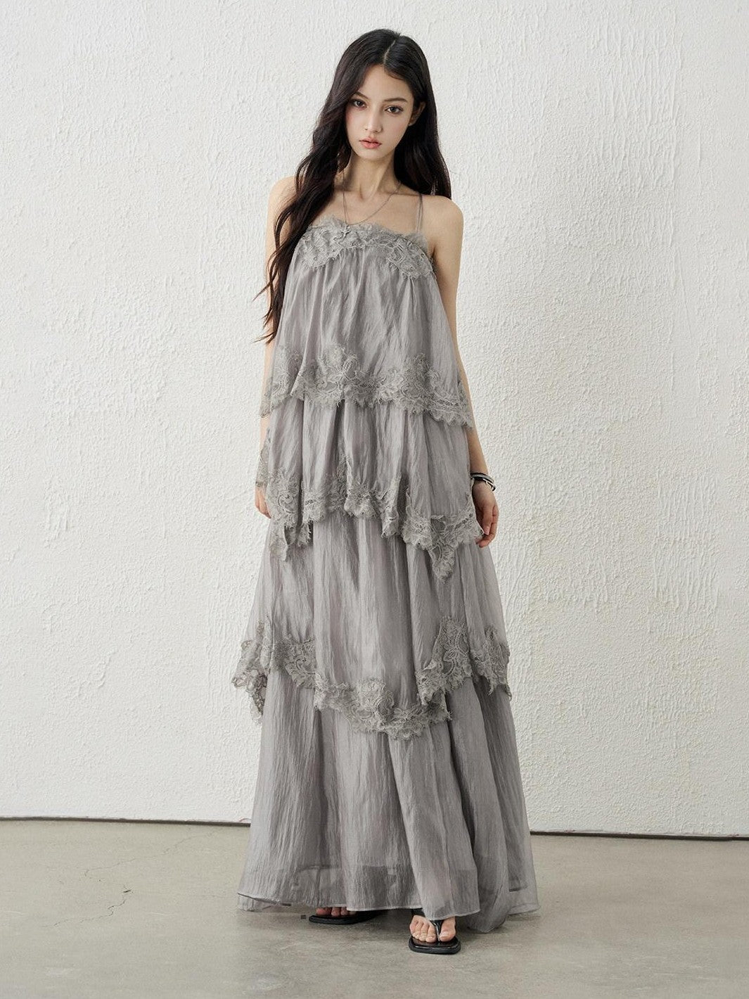 LADYGHOST Ethereal Gray Backless Spaghetti Strap Tiered Ruffle Women&