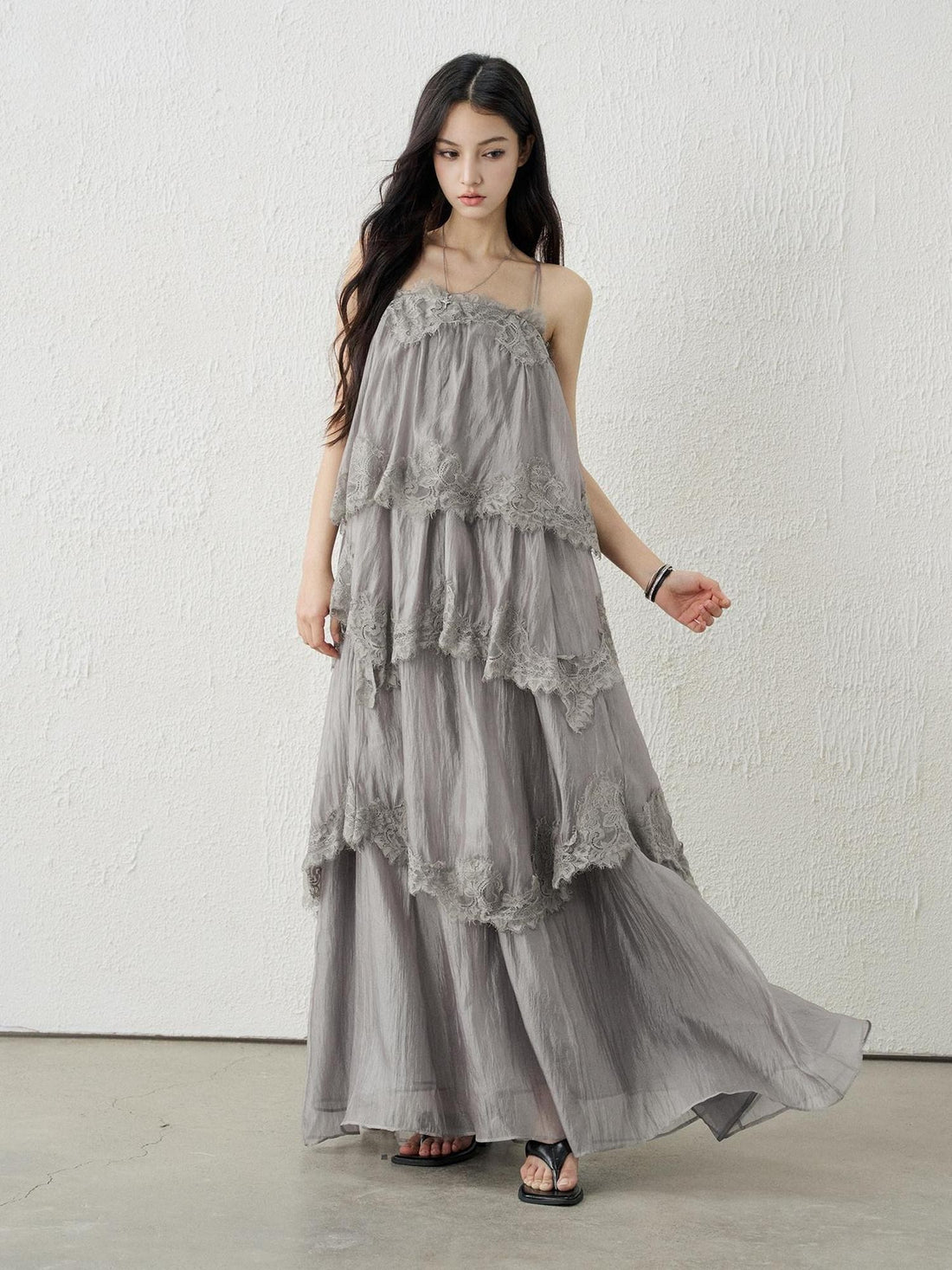 LADYGHOST Ethereal Gray Backless Spaghetti Strap Tiered Ruffle Women&