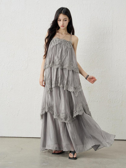 LADYGHOST Ethereal Gray Backless Spaghetti Strap Tiered Ruffle Women&