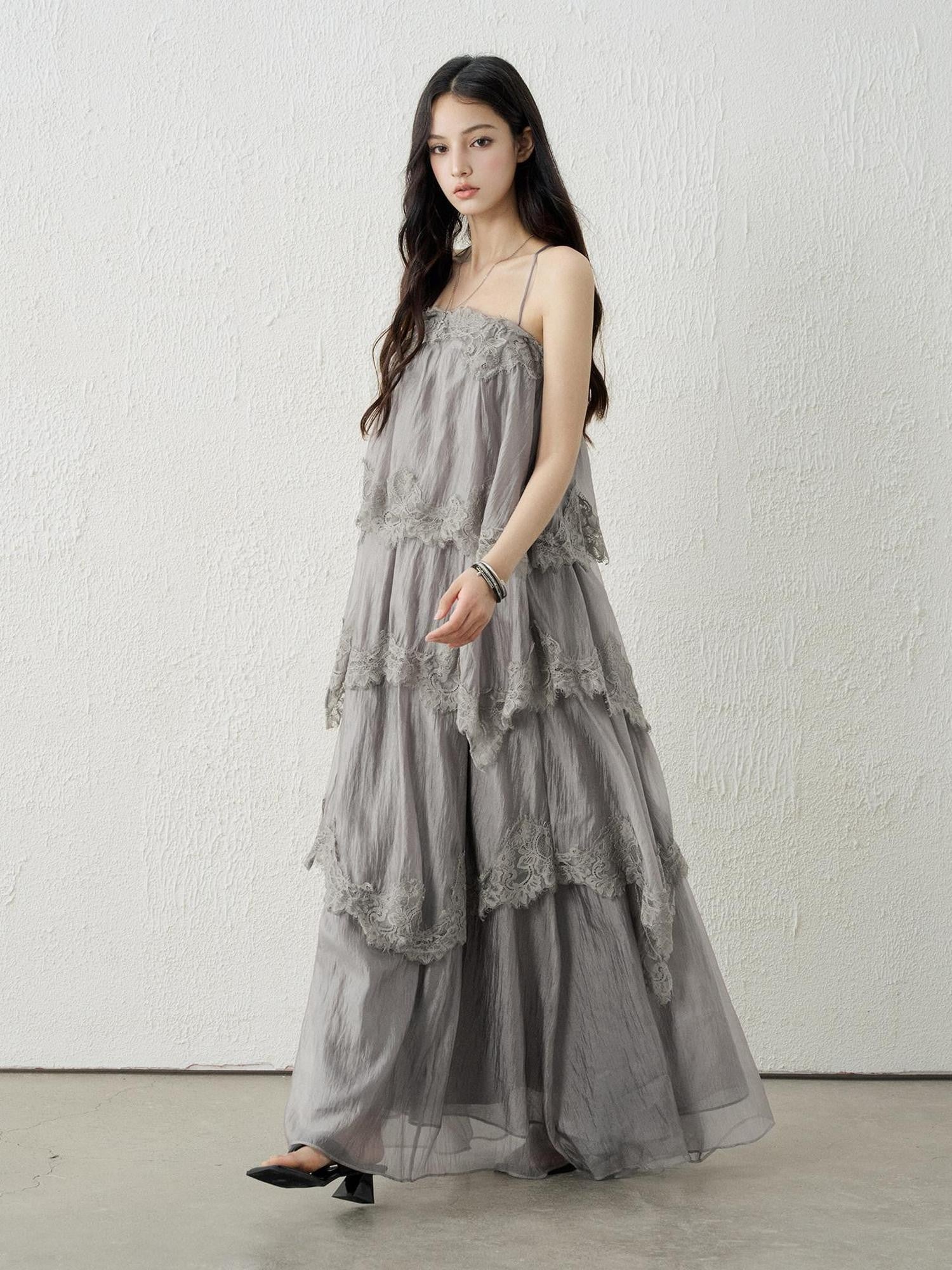 LADYGHOST Ethereal Gray Backless Spaghetti Strap Tiered Ruffle Women&
