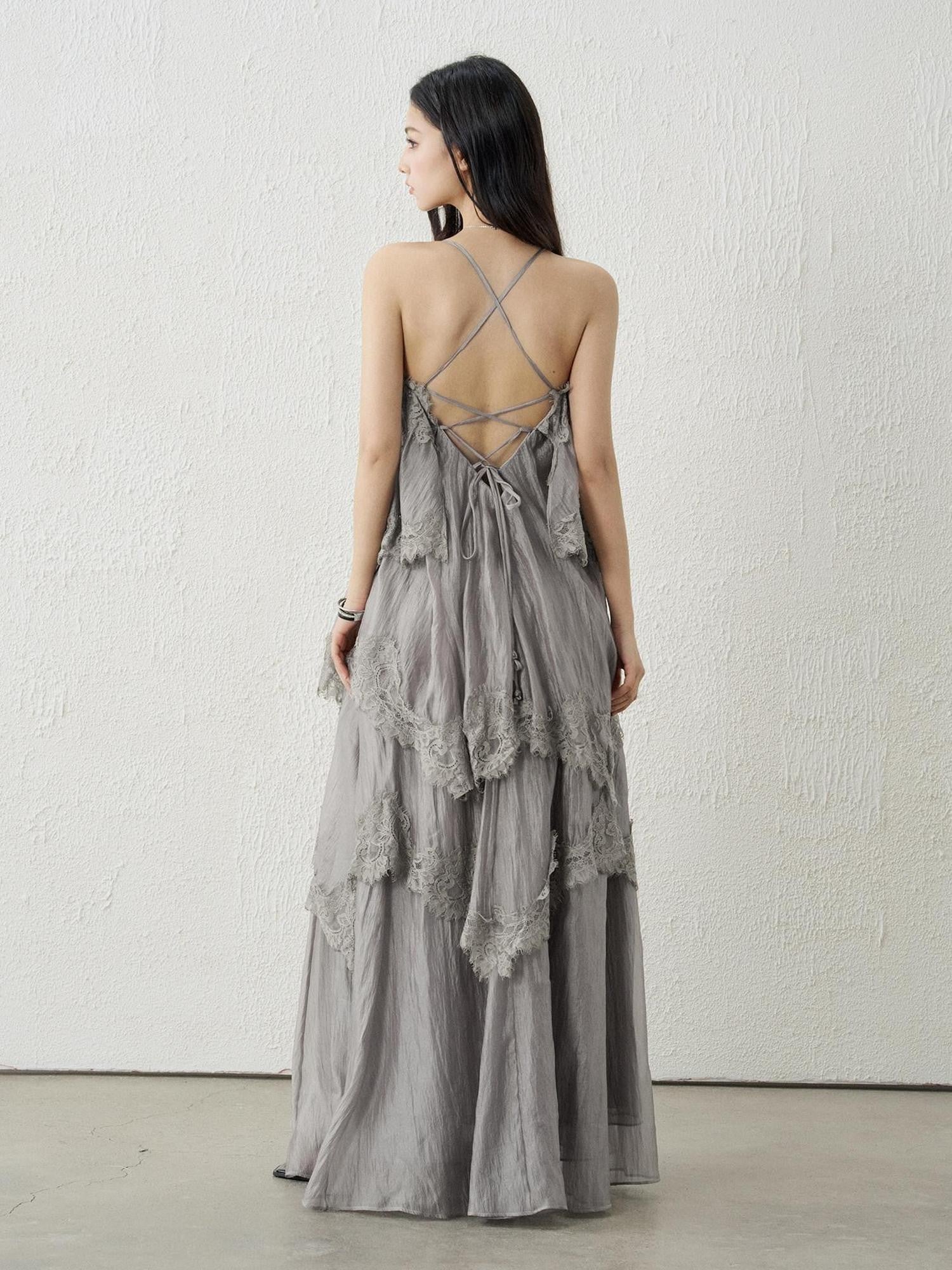 LADYGHOST Ethereal Gray Backless Spaghetti Strap Tiered Ruffle Women&