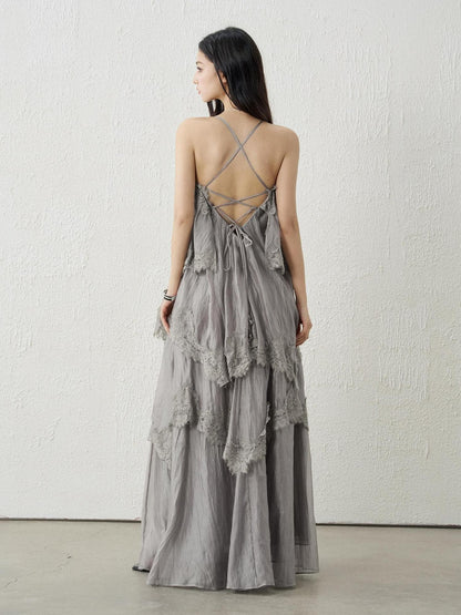 LADYGHOST Ethereal Gray Backless Spaghetti Strap Tiered Ruffle Women&