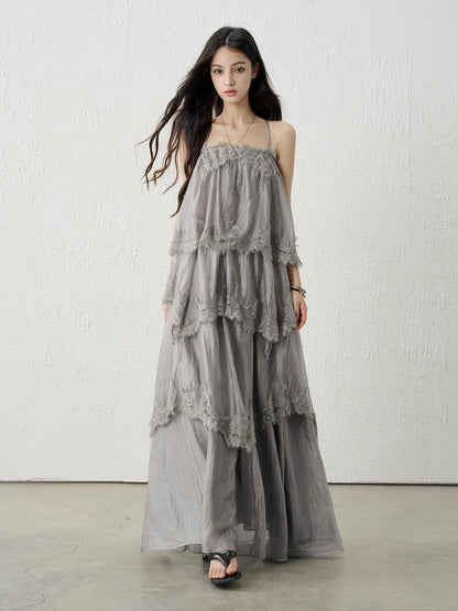 LADYGHOST Ethereal Gray Backless Spaghetti Strap Tiered Ruffle Women&