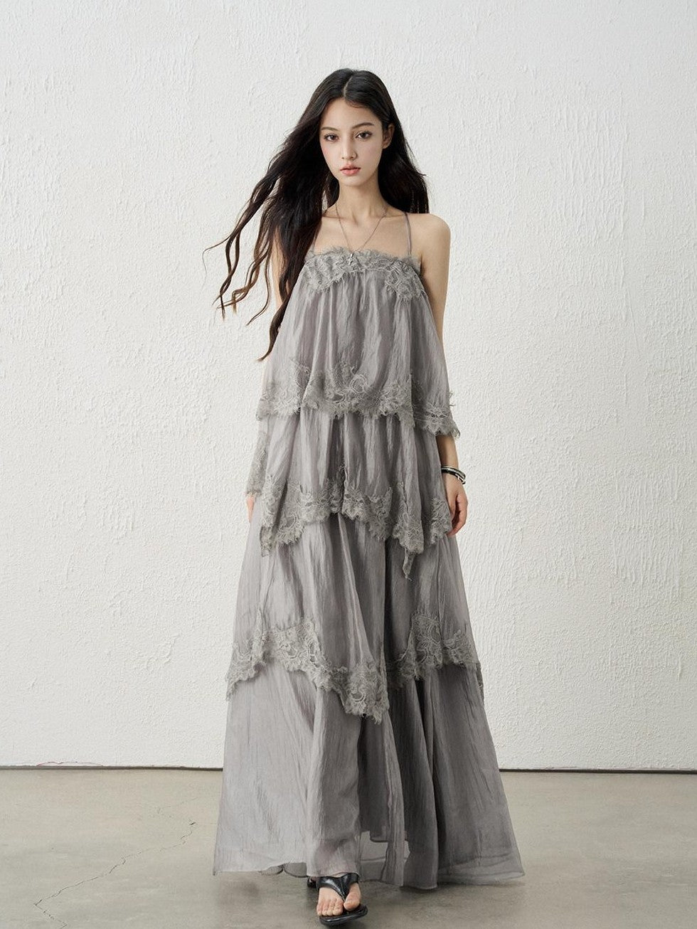 LADYGHOST Ethereal Gray Backless Spaghetti Strap Tiered Ruffle Women&