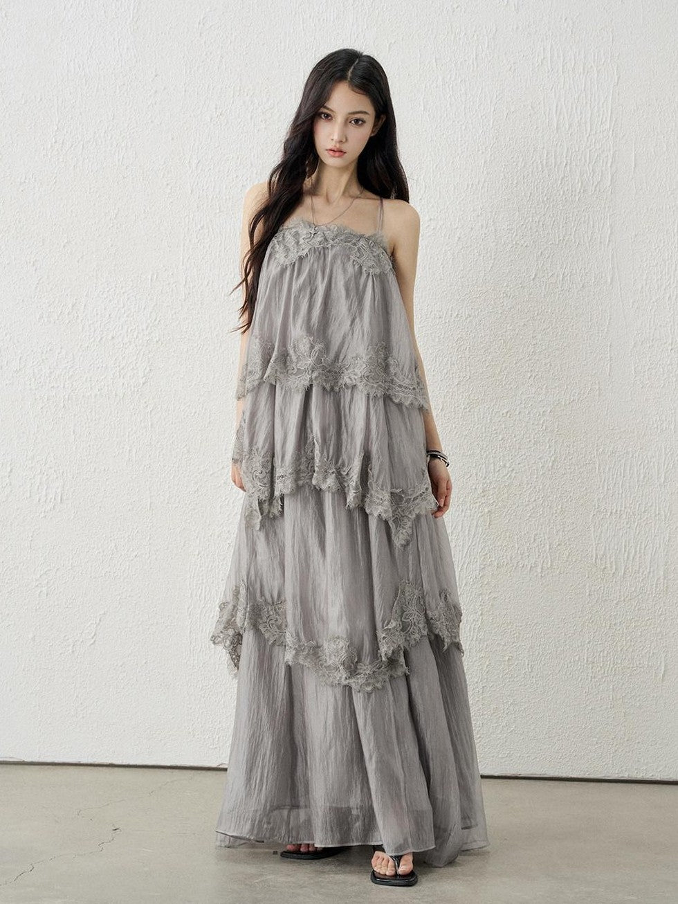 LADYGHOST Ethereal Gray Backless Spaghetti Strap Tiered Ruffle Women&