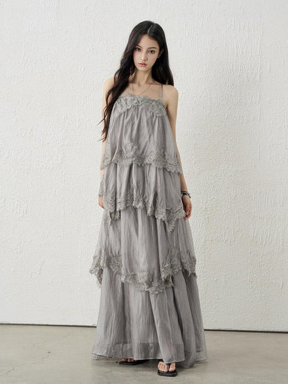 LADYGHOST Ethereal Gray Backless Spaghetti Strap Tiered Ruffle Women&