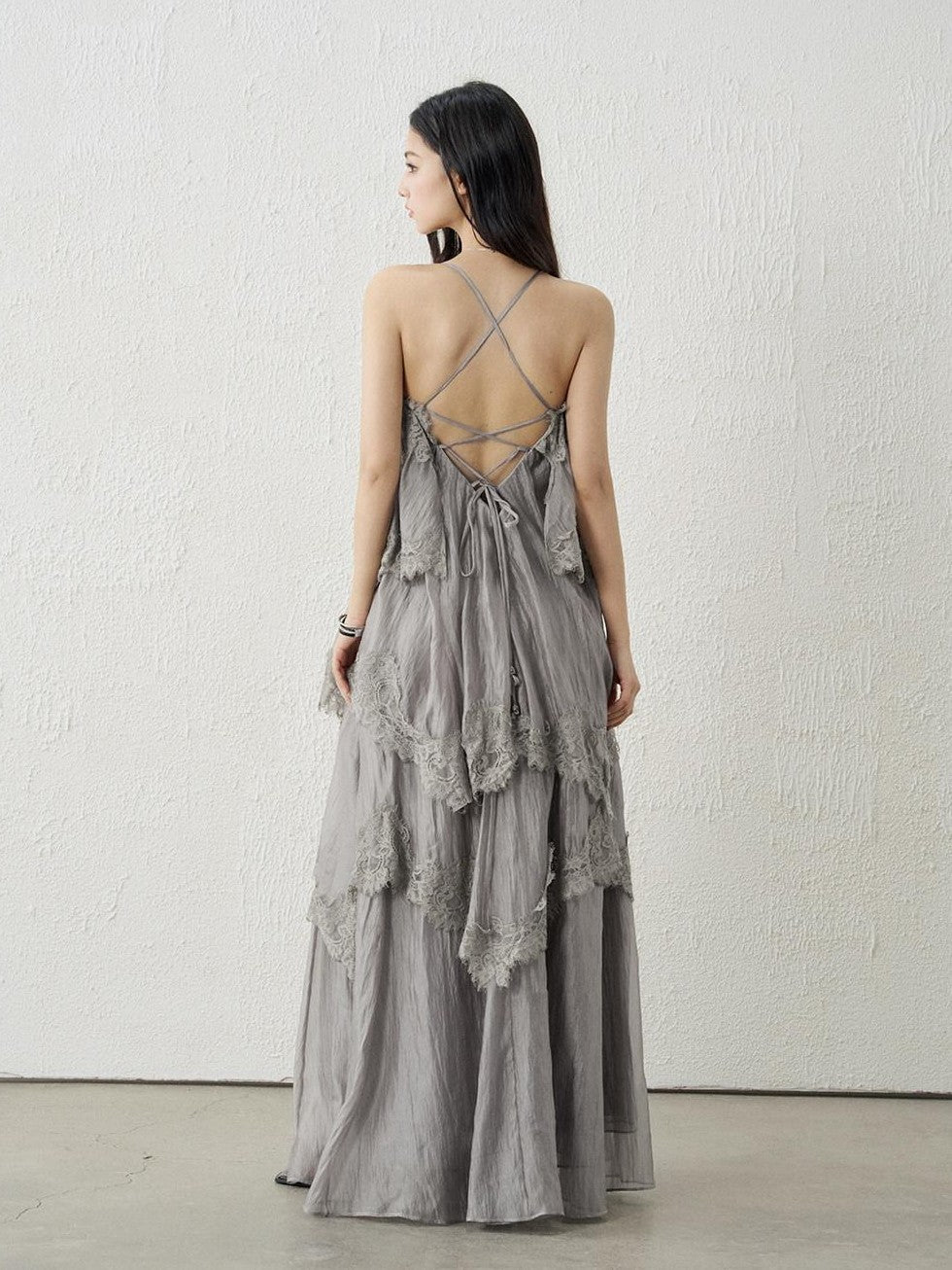 LADYGHOST Ethereal Gray Backless Spaghetti Strap Tiered Ruffle Women&