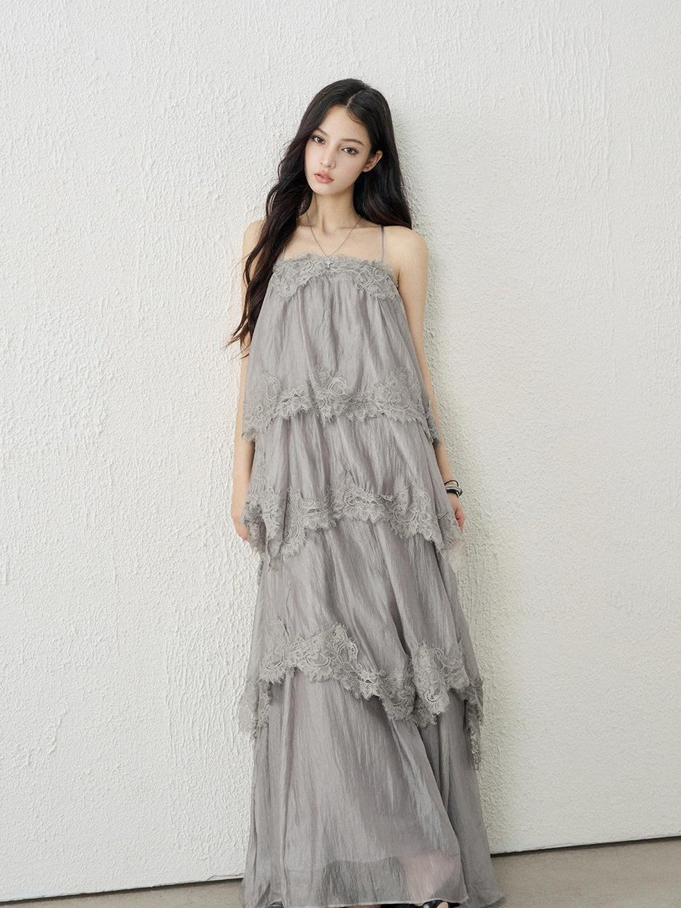 LADYGHOST Ethereal Gray Backless Spaghetti Strap Tiered Ruffle Women&