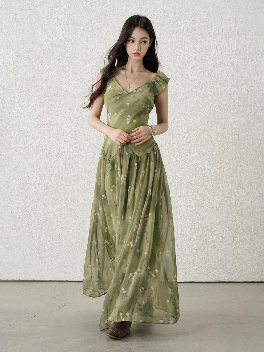 LADYGHOST Ethereal Green Floral French Style Women&