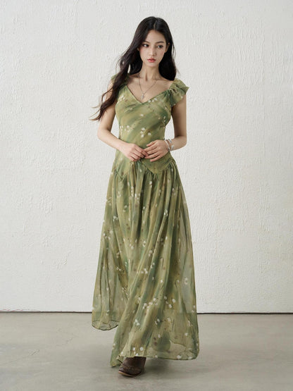 LADYGHOST Ethereal Green Floral French Style Women&