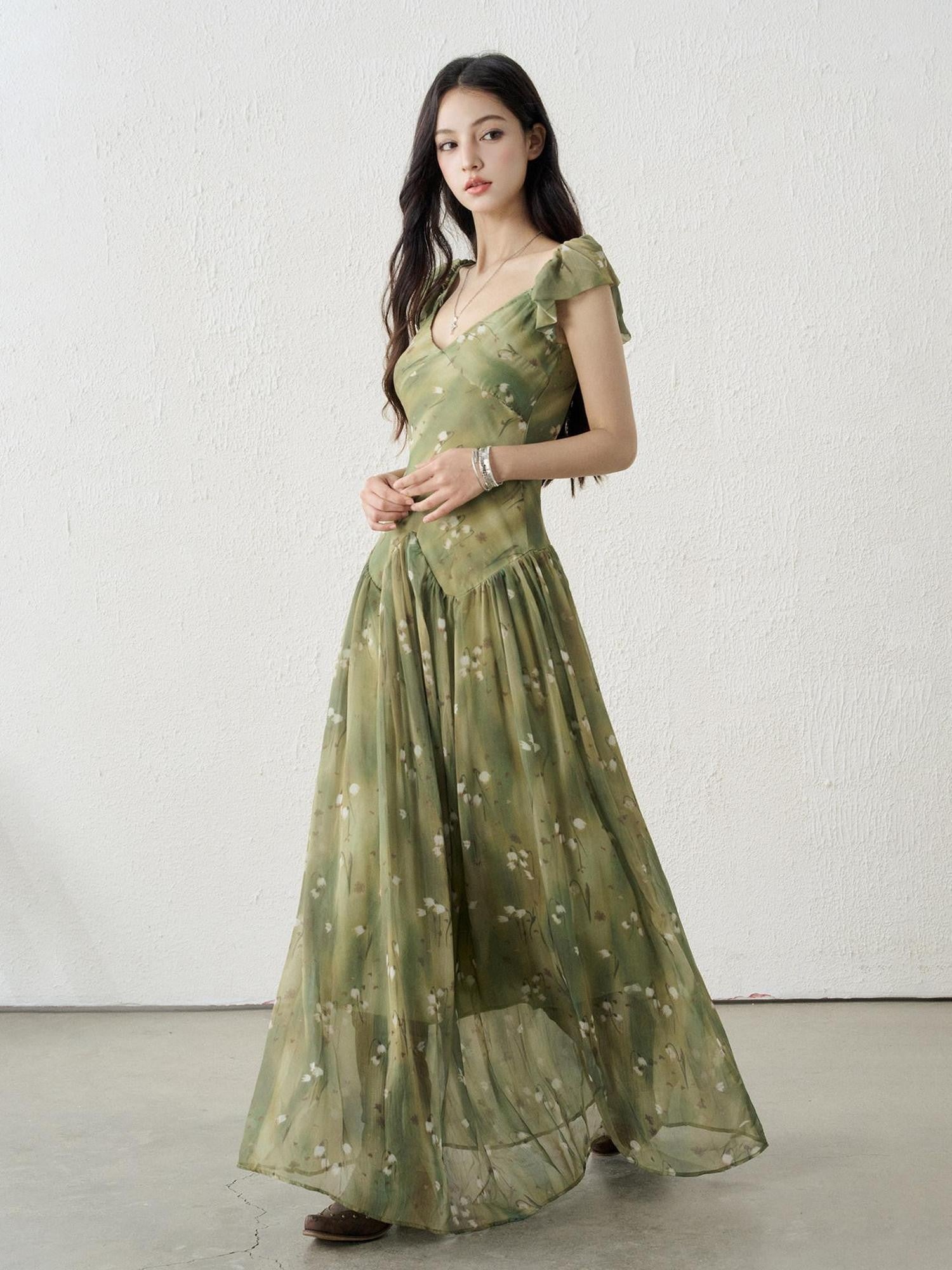 LADYGHOST Ethereal Green Floral French Style Women&