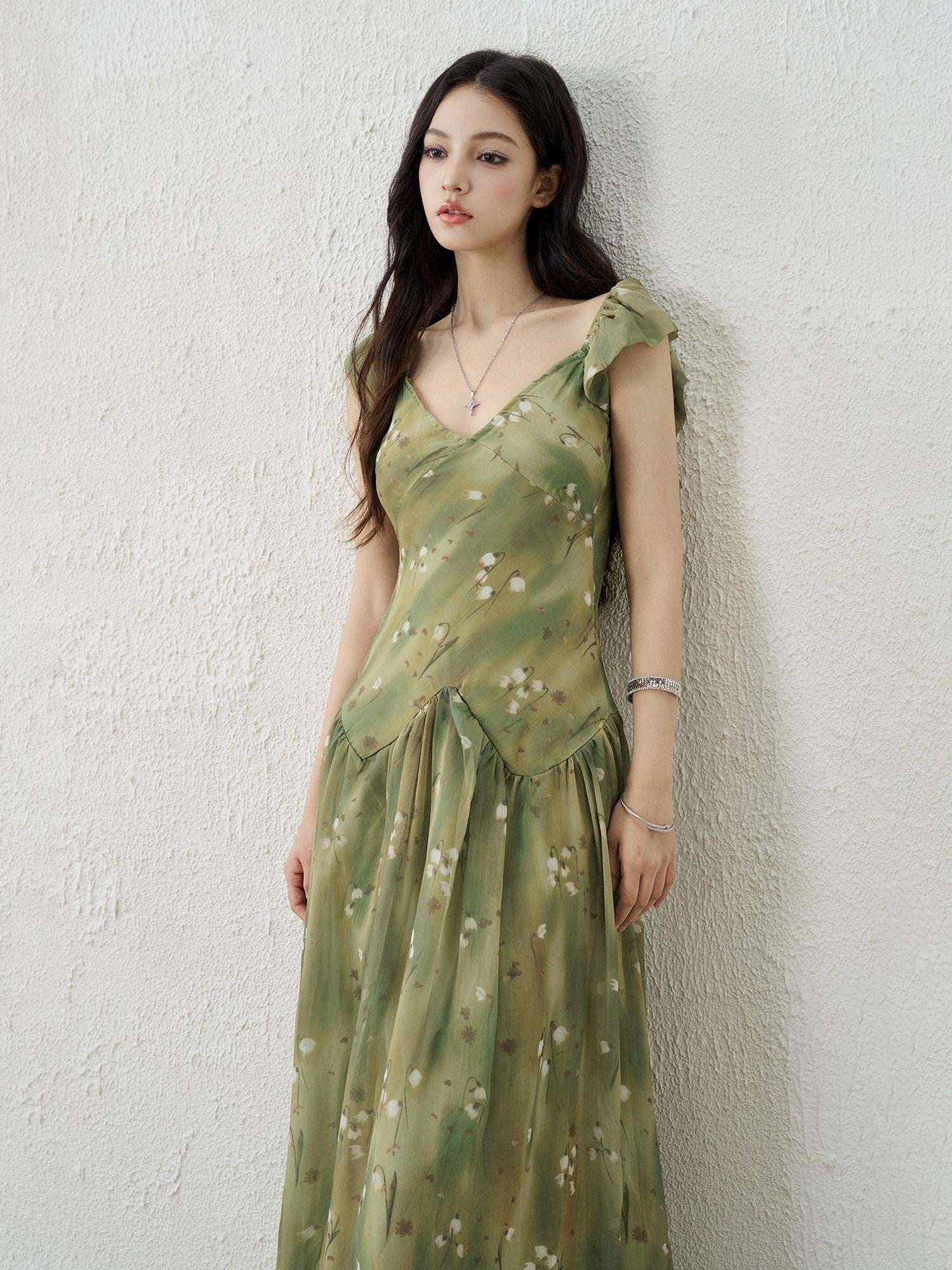 LADYGHOST Ethereal Green Floral French Style Women&
