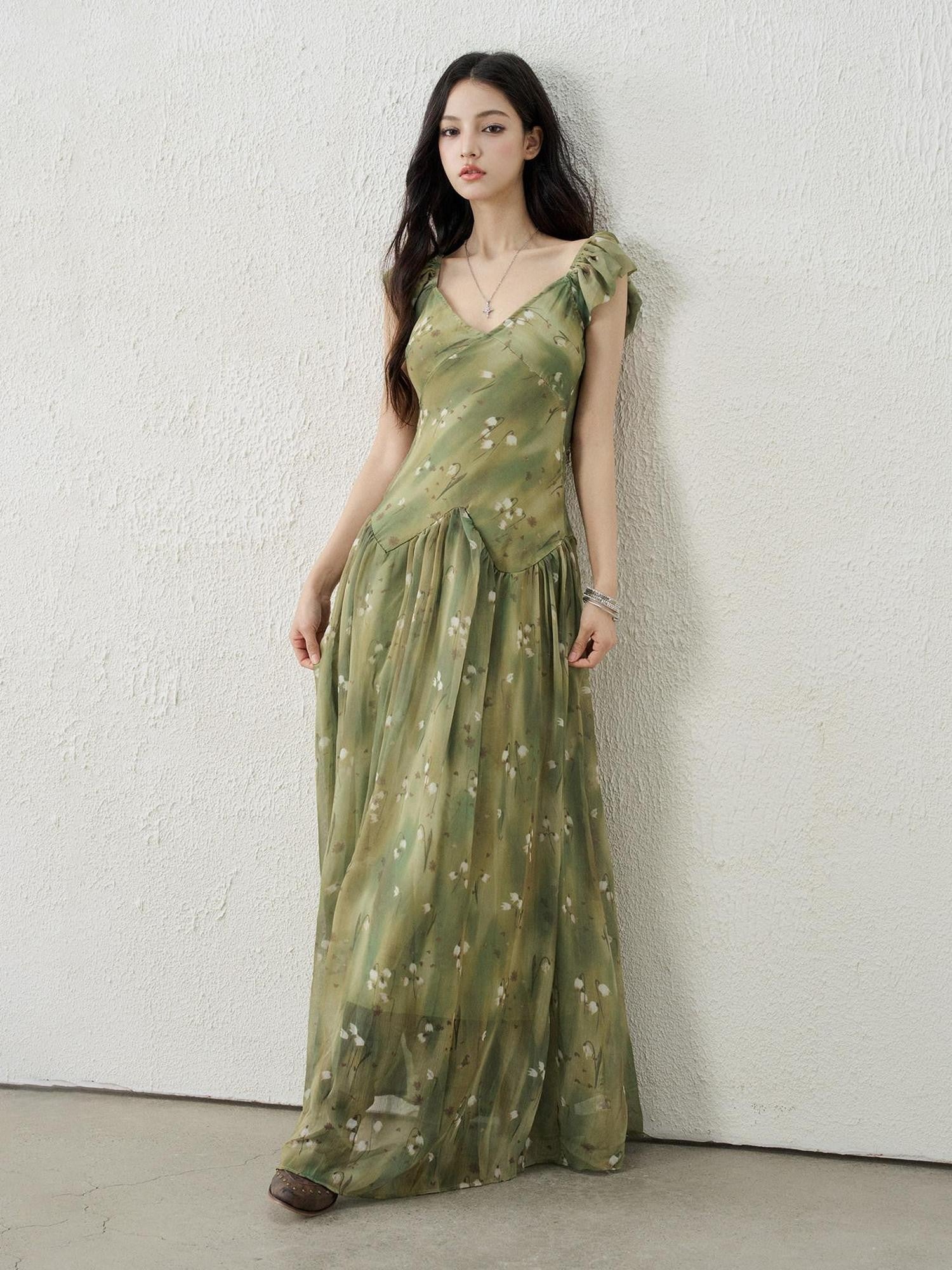 LADYGHOST Ethereal Green Floral French Style Women&