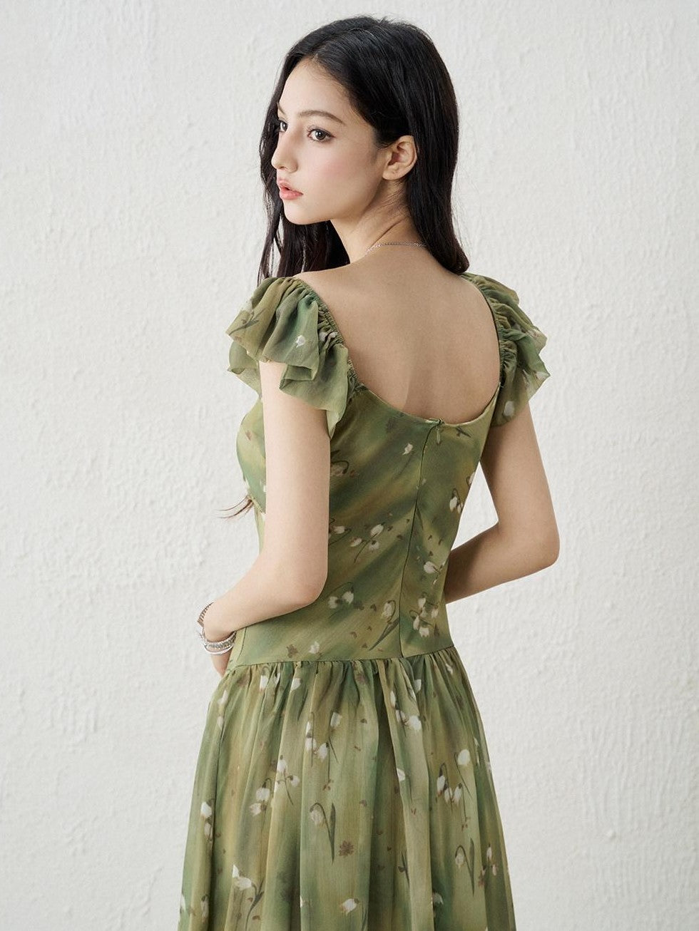 LADYGHOST Ethereal Green Floral French Style Women&