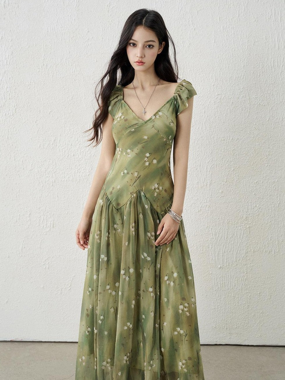 LADYGHOST Ethereal Green Floral French Style Women&