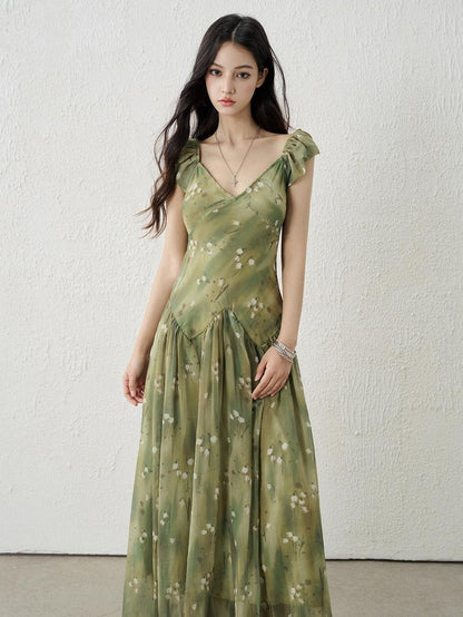 LADYGHOST Ethereal Green Floral French Style Women&