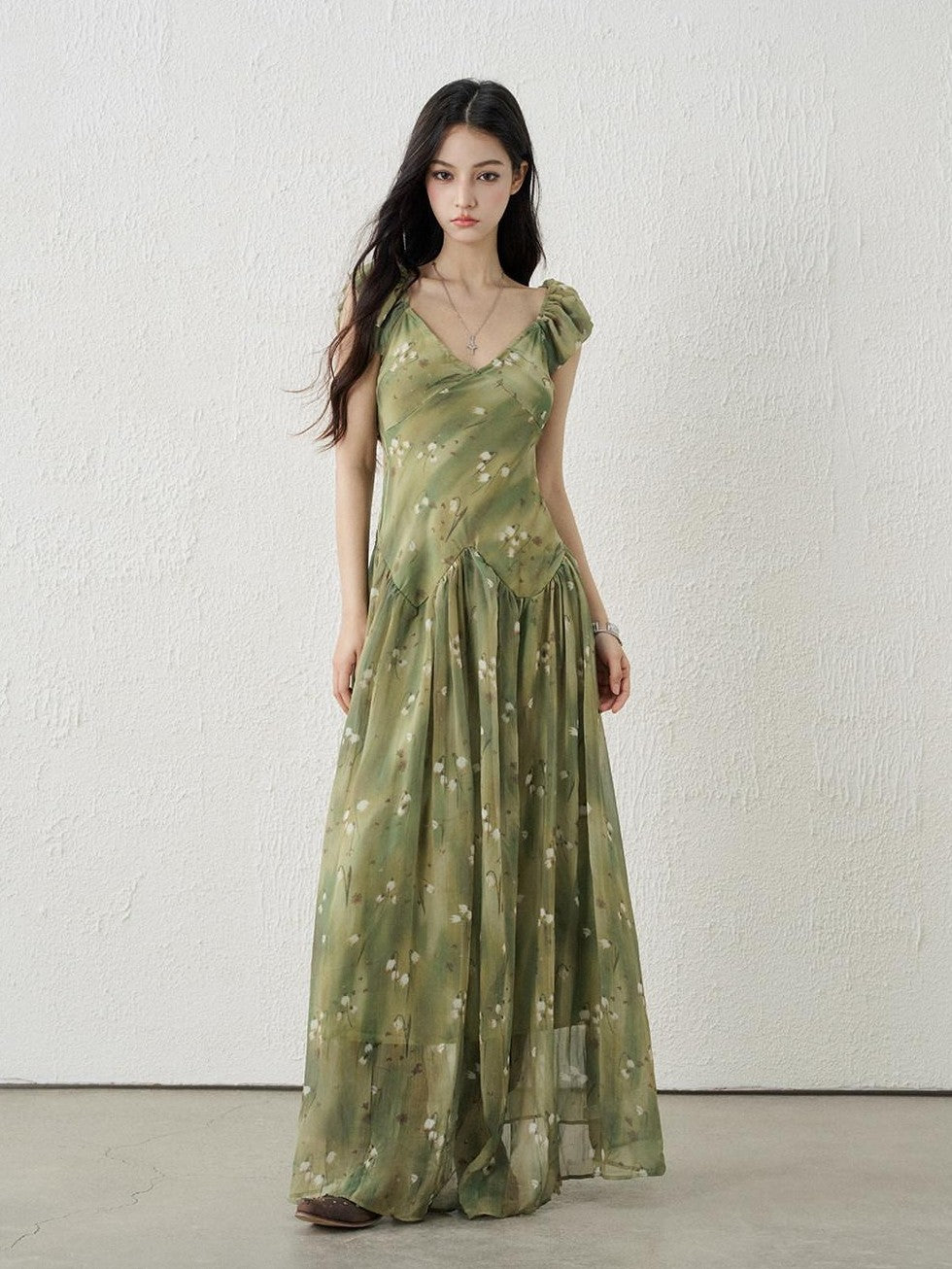 LADYGHOST Ethereal Green Floral French Style Women&