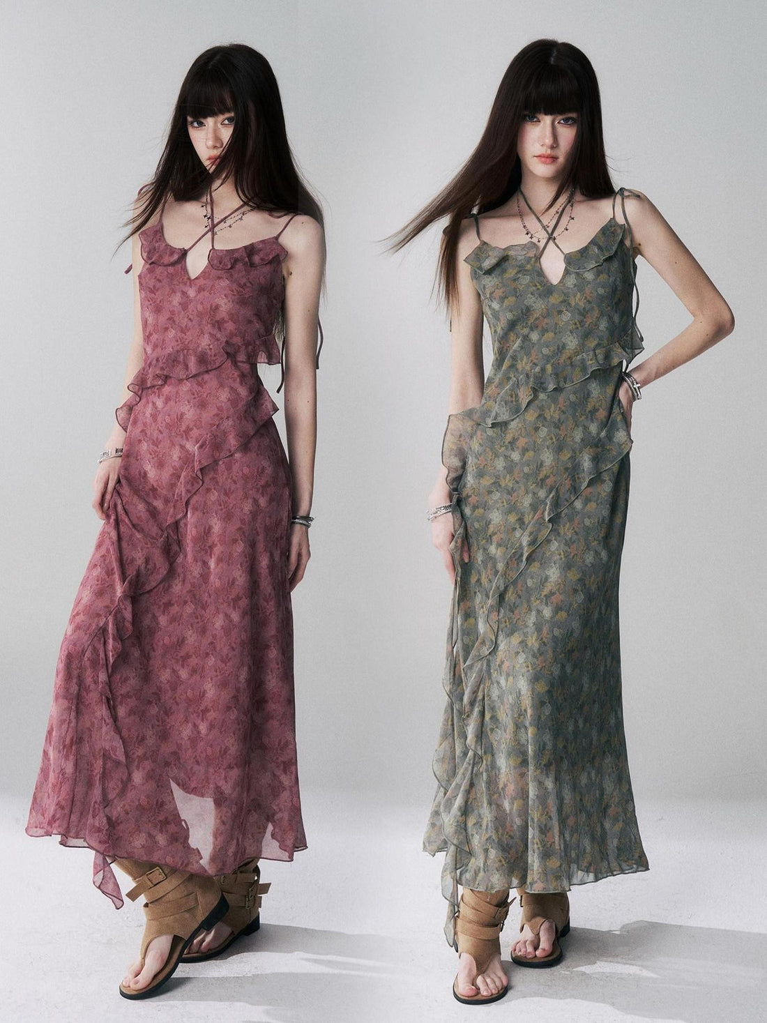 LADYGHOST Ethereal Green Vintage French Floral Spaghetti Strap Women&