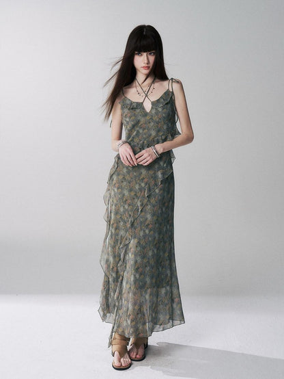 LADYGHOST Ethereal Green Vintage French Floral Spaghetti Strap Women&