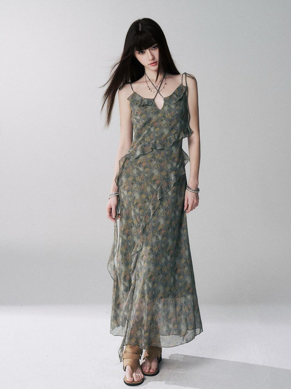 LADYGHOST Ethereal Green Vintage French Floral Spaghetti Strap Women&