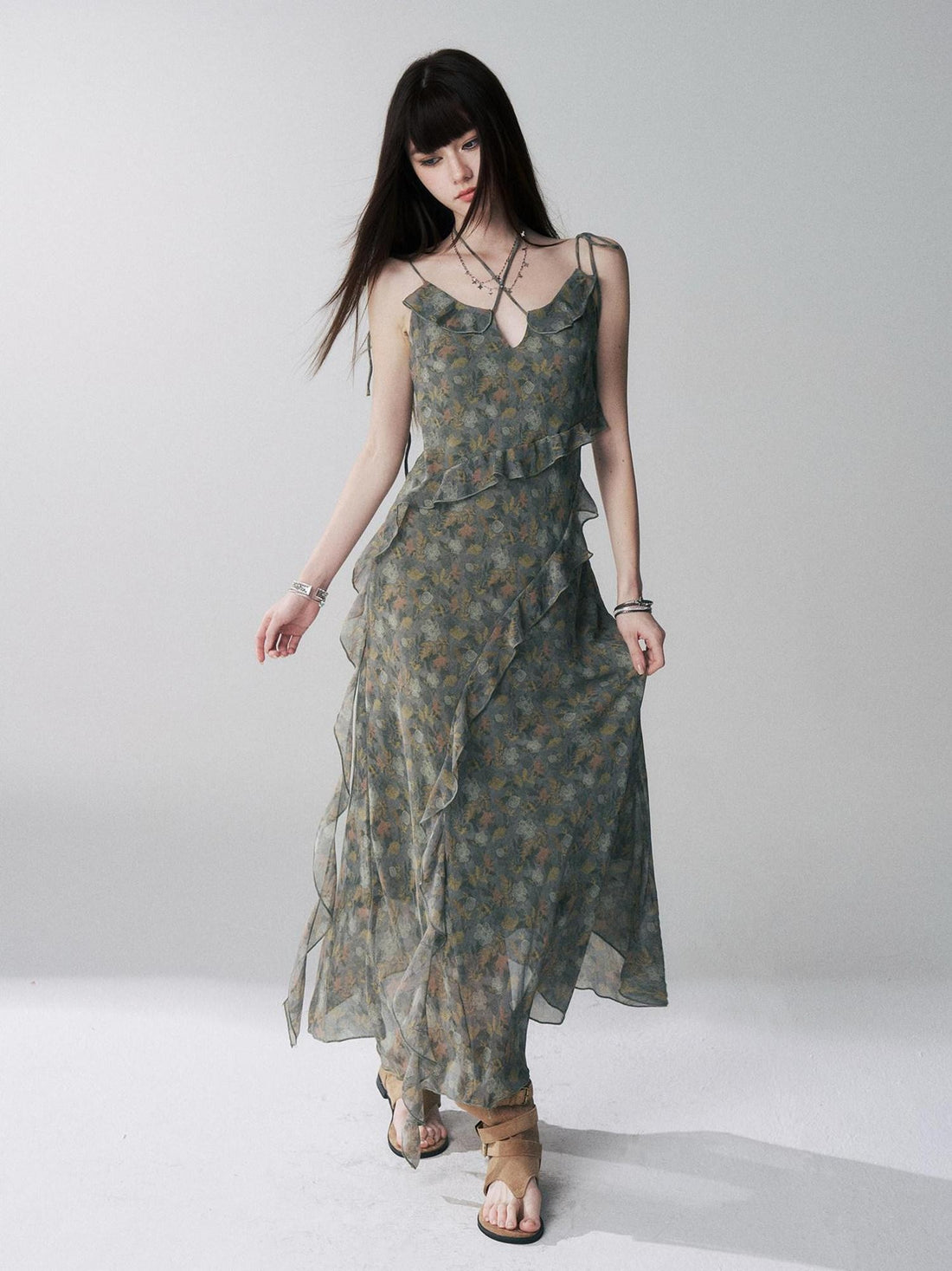 LADYGHOST Ethereal Green Vintage French Floral Spaghetti Strap Women&