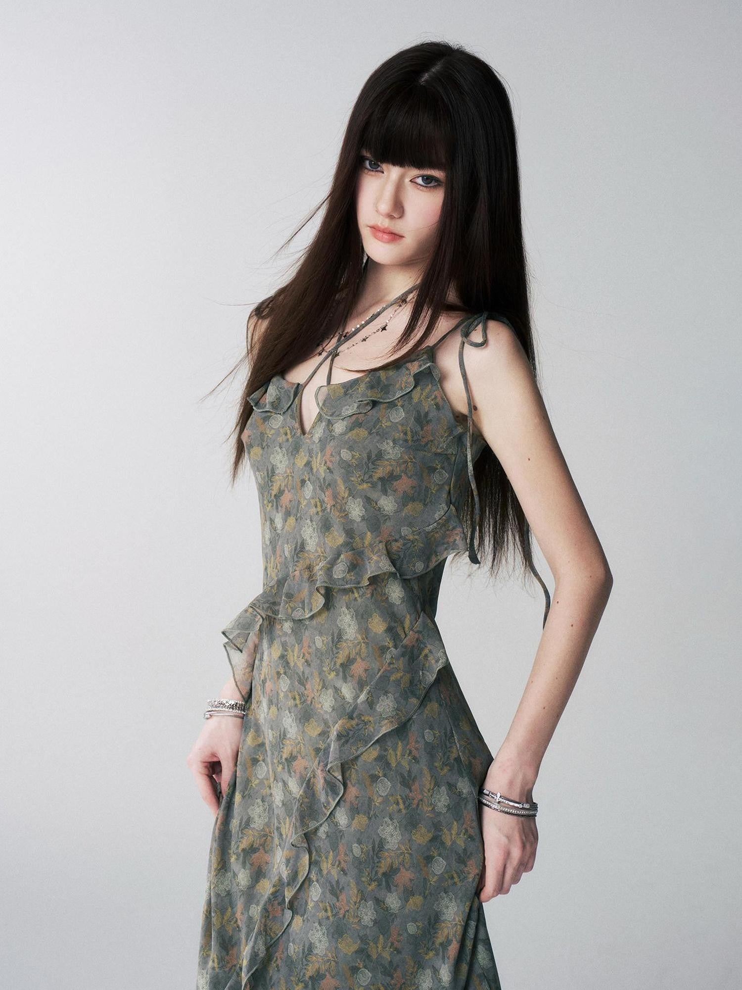 LADYGHOST Ethereal Green Vintage French Floral Spaghetti Strap Women&