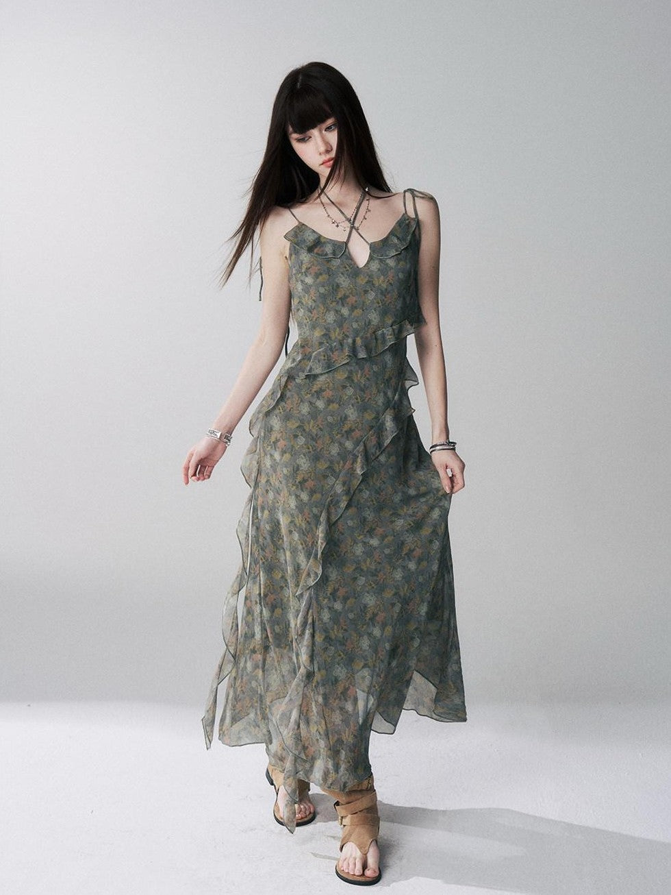 LADYGHOST Ethereal Green Vintage French Floral Spaghetti Strap Women&