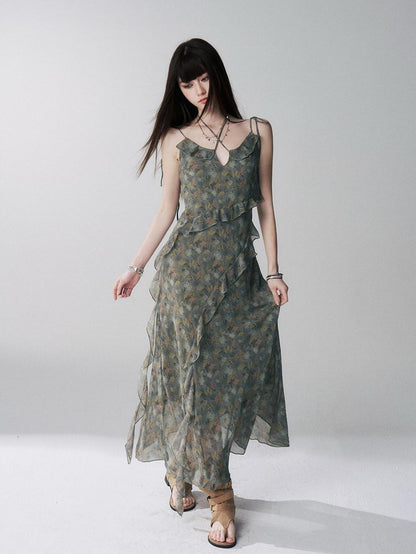 LADYGHOST Ethereal Green Vintage French Floral Spaghetti Strap Women&
