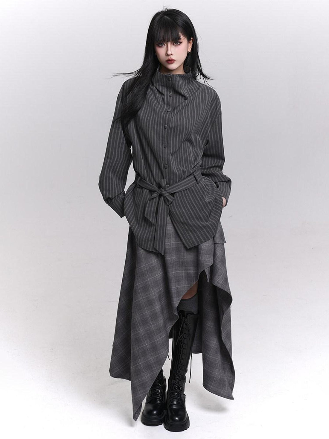 LADYGHOST Ethereal High Neck Long Sleeve Gray Striped Mid Length Women&
