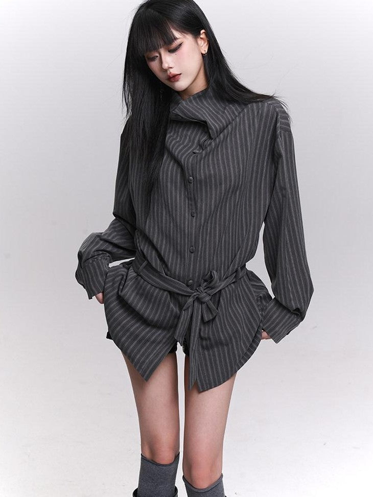 LADYGHOST Ethereal High Neck Long Sleeve Gray Striped Mid Length Women&