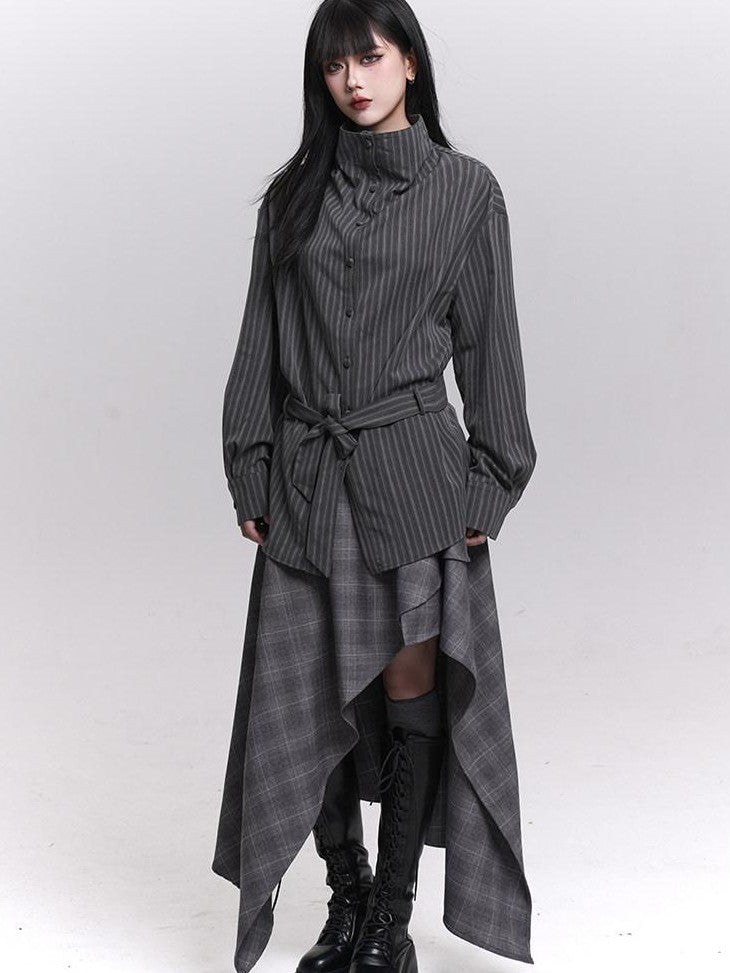 LADYGHOST Ethereal High Neck Long Sleeve Gray Striped Mid Length Women&