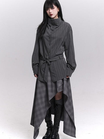 LADYGHOST Ethereal High Neck Long Sleeve Gray Striped Mid Length Women&