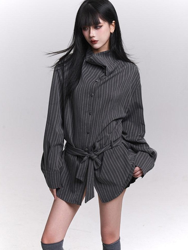 LADYGHOST Ethereal High Neck Long Sleeve Gray Striped Mid Length Women&