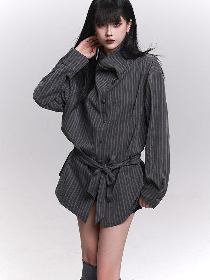 LADYGHOST Ethereal High Neck Long Sleeve Gray Striped Mid Length Women&