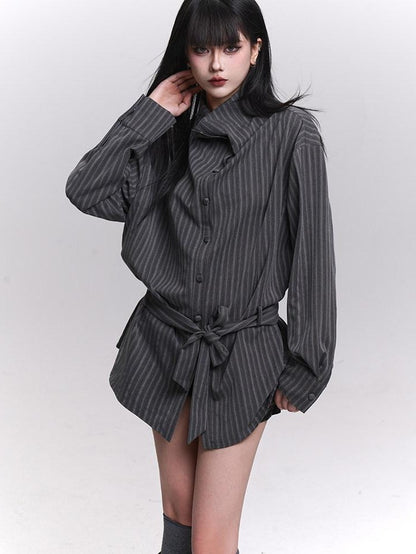 LADYGHOST Ethereal High Neck Long Sleeve Gray Striped Mid Length Women&