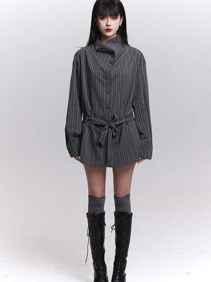LADYGHOST Ethereal High Neck Long Sleeve Gray Striped Mid Length Women&