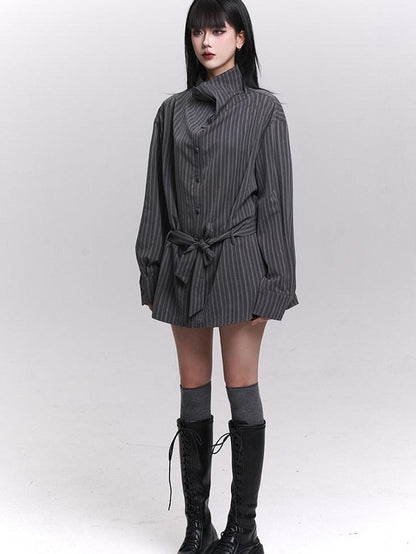 LADYGHOST Ethereal High Neck Long Sleeve Gray Striped Mid Length Women&