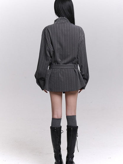 LADYGHOST Ethereal High Neck Long Sleeve Gray Striped Mid Length Women&