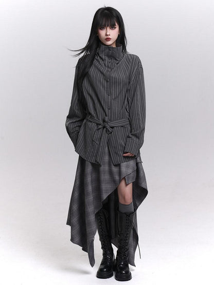 LADYGHOST Ethereal High Neck Long Sleeve Gray Striped Mid Length Women&