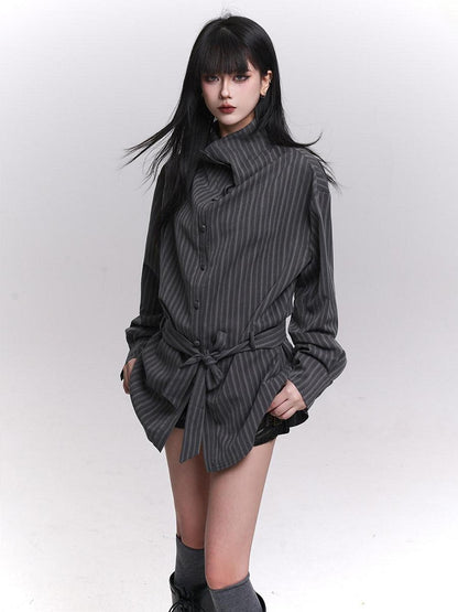 LADYGHOST Ethereal High Neck Long Sleeve Gray Striped Mid Length Women&