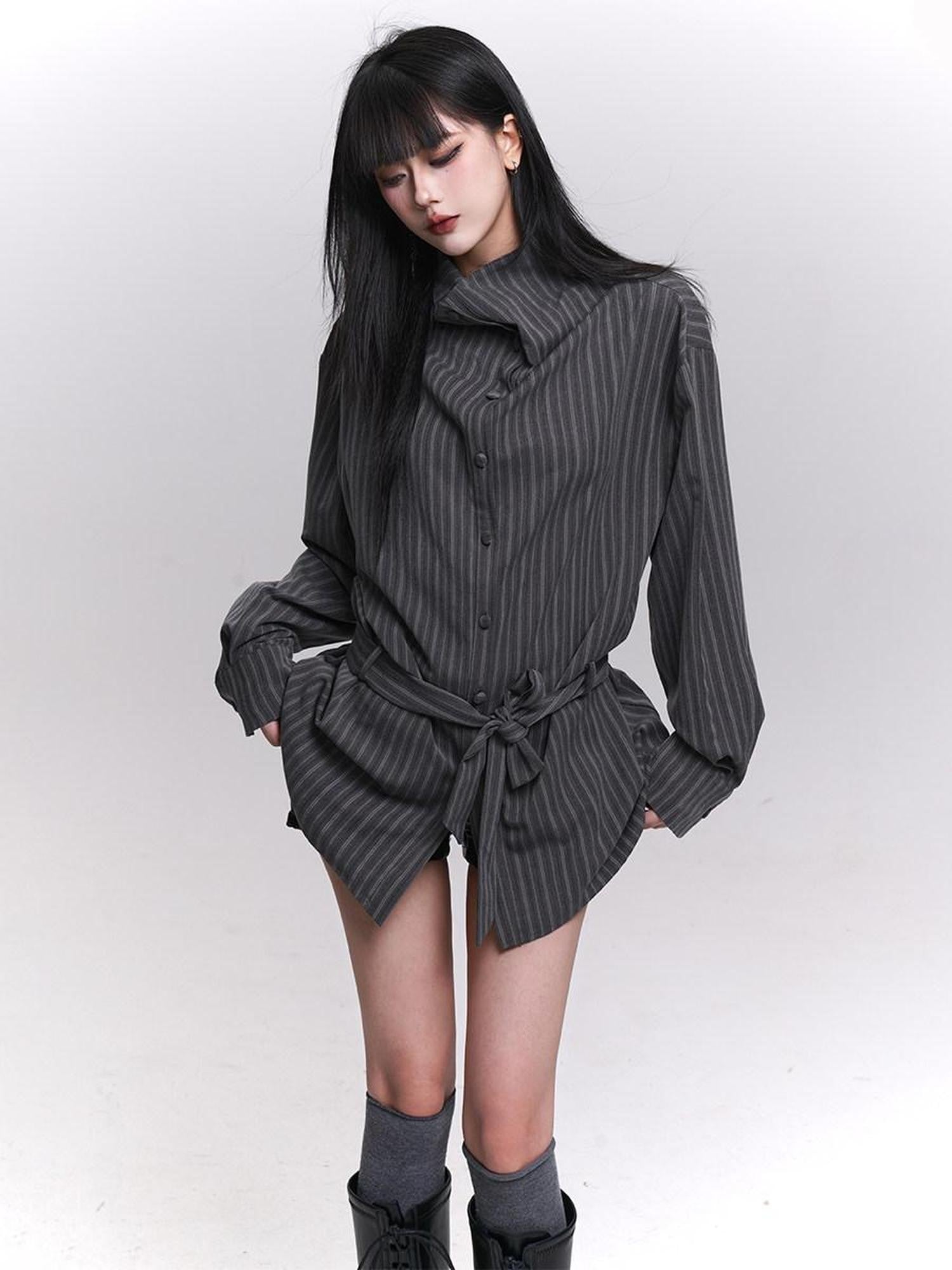 LADYGHOST Ethereal High Neck Long Sleeve Gray Striped Mid Length Women&