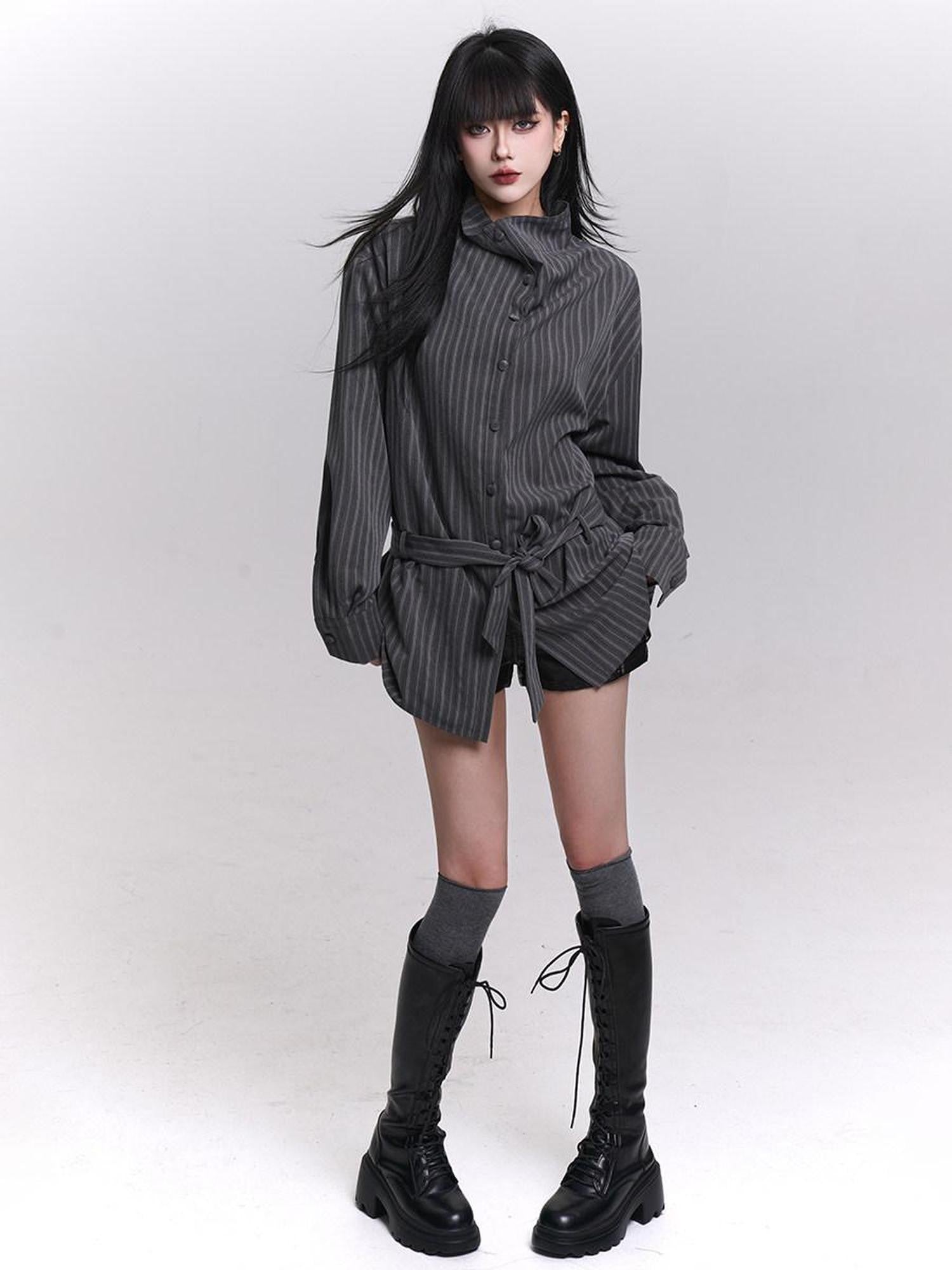 LADYGHOST Ethereal High Neck Long Sleeve Gray Striped Mid Length Women&