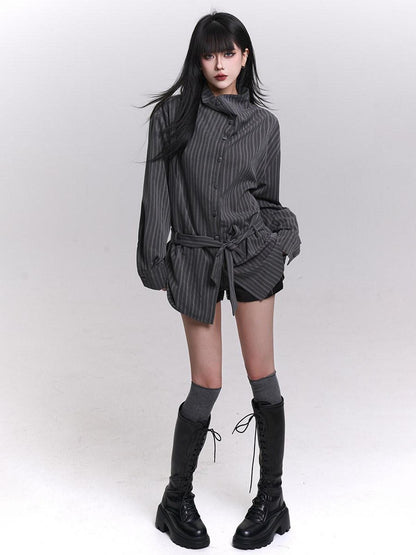 LADYGHOST Ethereal High Neck Long Sleeve Gray Striped Mid Length Women&