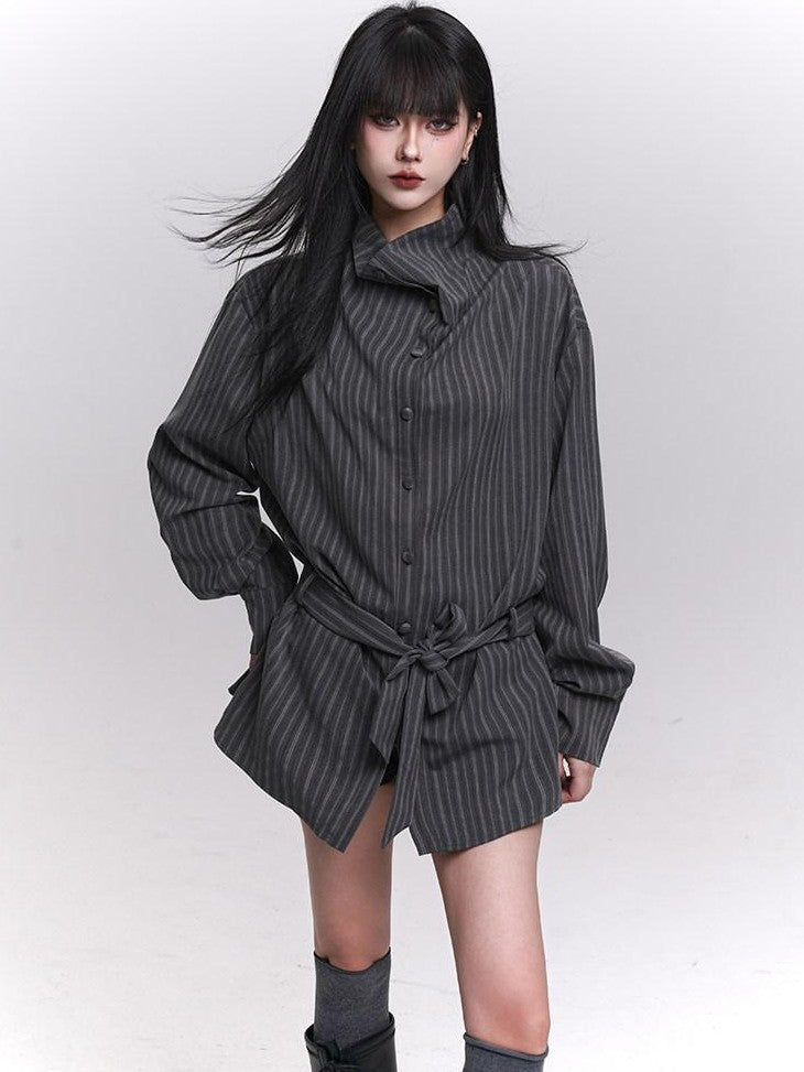 LADYGHOST Ethereal High Neck Long Sleeve Gray Striped Mid Length Women&