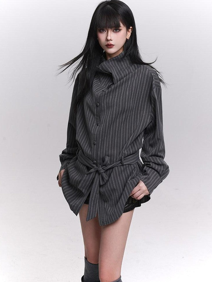 LADYGHOST Ethereal High Neck Long Sleeve Gray Striped Mid Length Women&