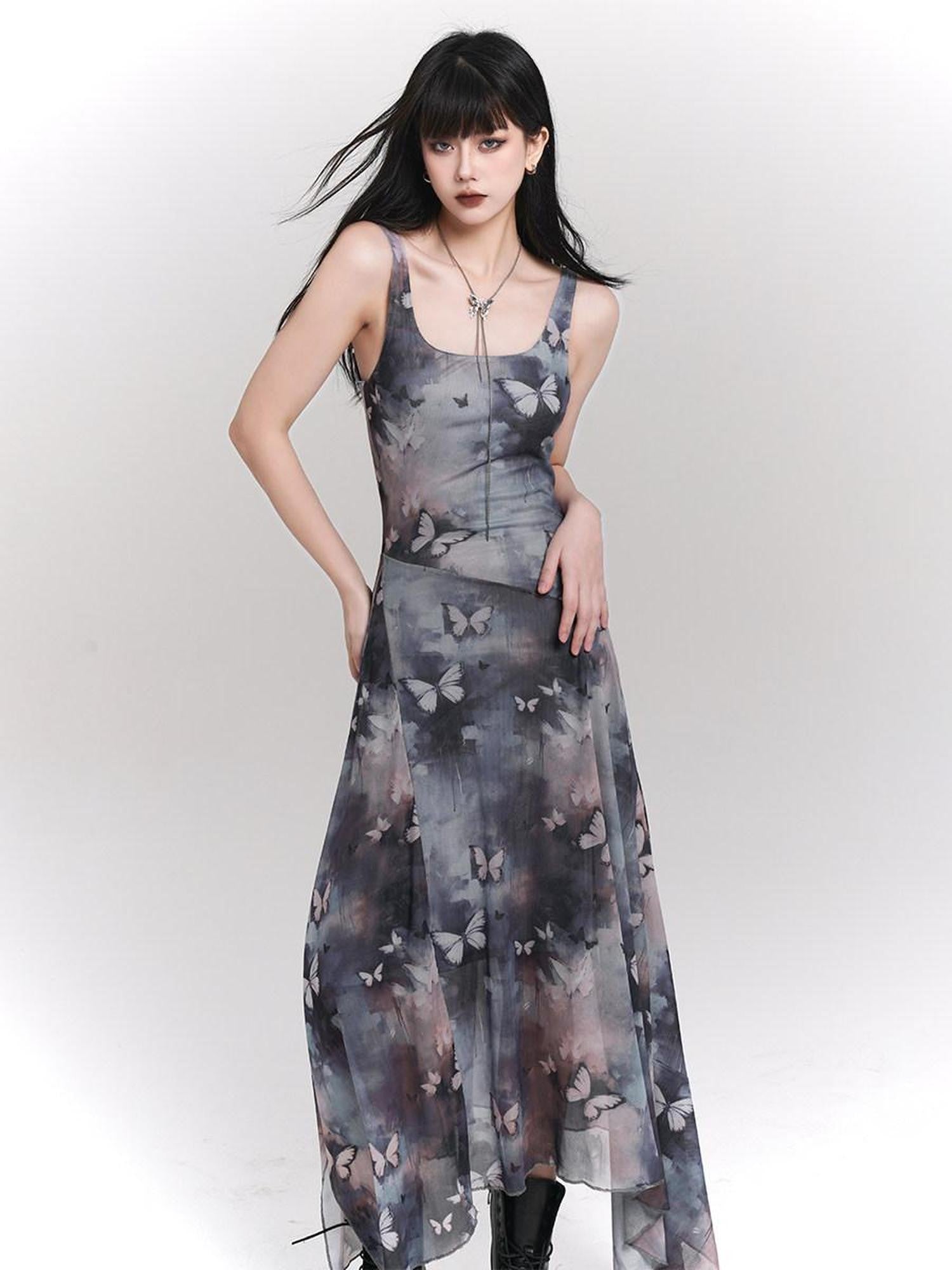 LADYGHOST Ethereal Ink Wash Butterfly Spaghetti Strap Women&
