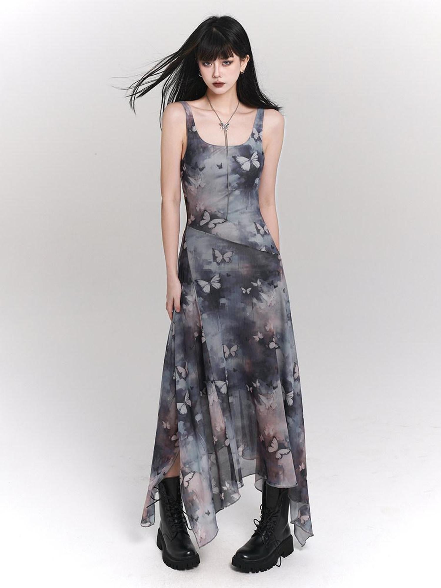 LADYGHOST Ethereal Ink Wash Butterfly Spaghetti Strap Women&