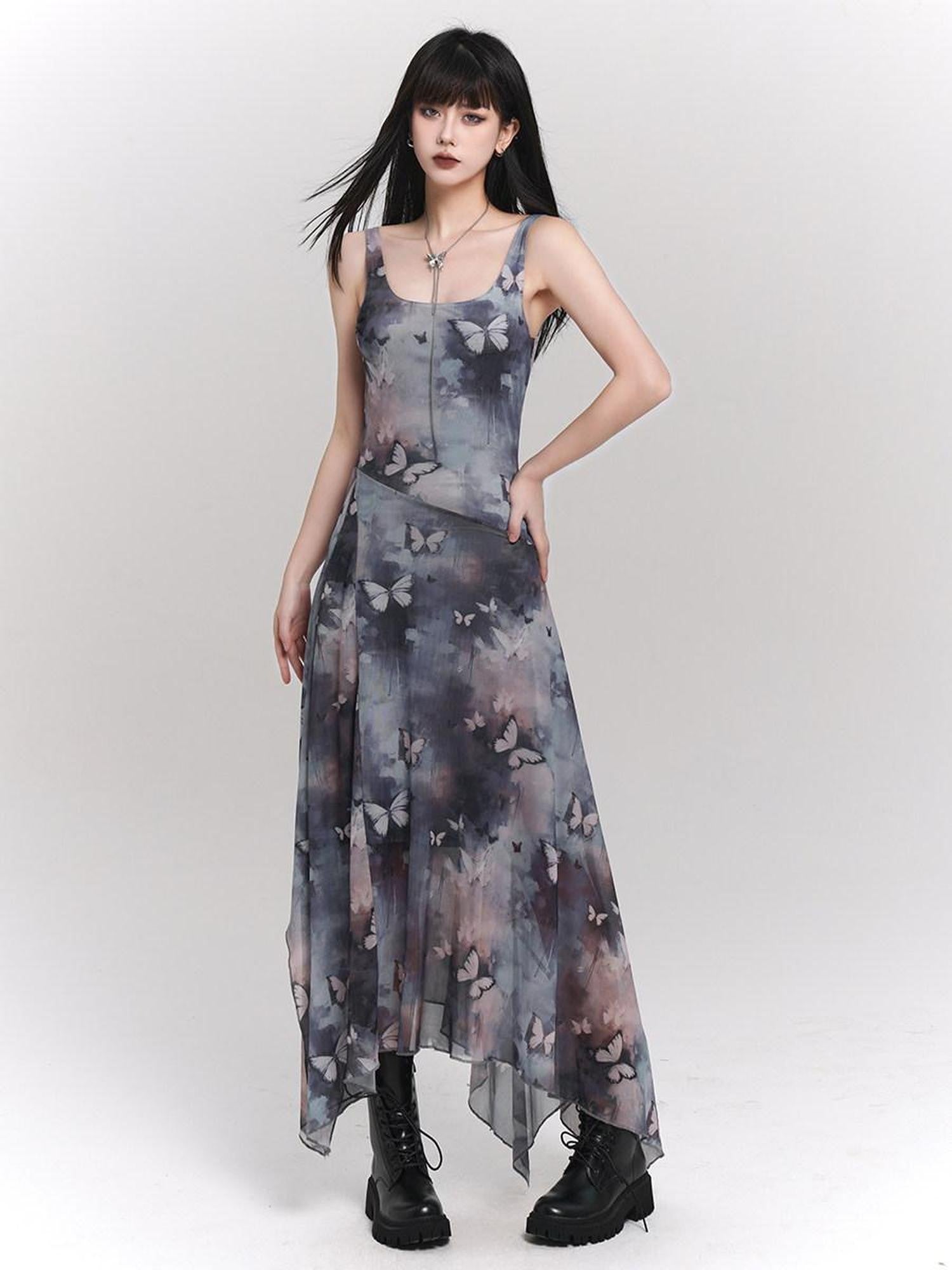 LADYGHOST Ethereal Ink Wash Butterfly Spaghetti Strap Women&
