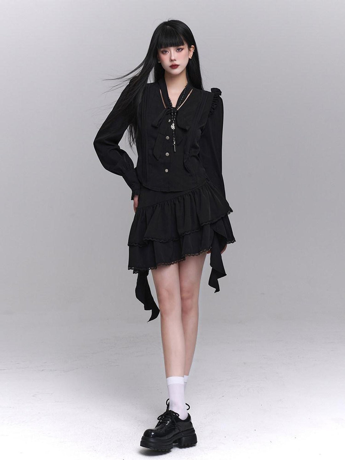 LADYGHOST Ethereal Korean Minimal Black Blouse Luxury Feel Women&