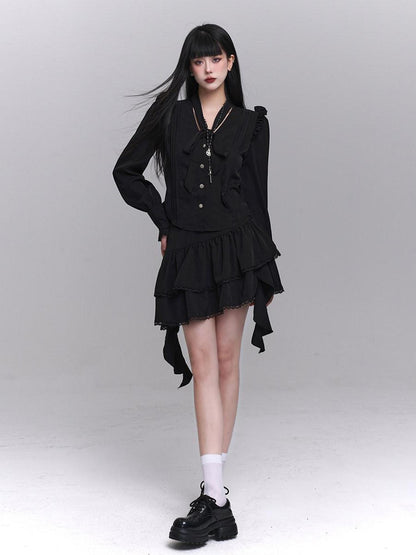 LADYGHOST Ethereal Korean Minimal Black Blouse Luxury Feel Women&